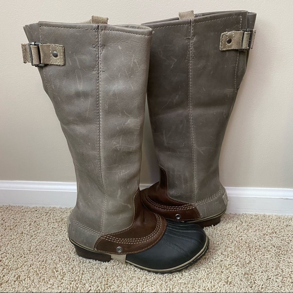 SOREL Slimpack Riding Boot Winter Rain Snow Duck Boot Size 7 Gray Leather Used